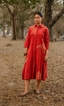 Brick Red Geometric Hand Embroidered Handloom Cotton Dress