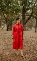 Brick Red Geometric Hand Embroidered Handloom Cotton Dress