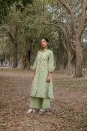Olive Green Cotton Front Open Shirt Collar Kurta Set (set of 2)