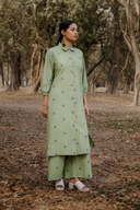 Olive Green Cotton Front Open Shirt Collar Kurta Set (set of 2)