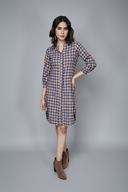 Indigo-Mustard Checks Hand Embroidered Handloom Cotton High-Low Dress