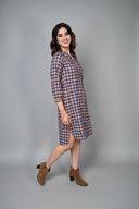 Indigo-Mustard Checks Hand Embroidered Handloom Cotton High-Low Dress