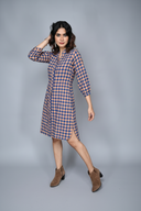 Indigo-Mustard Checks Hand Embroidered Handloom Cotton High-Low Dress