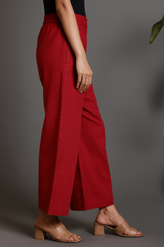 Red Handwoven Cotton Flared Pants