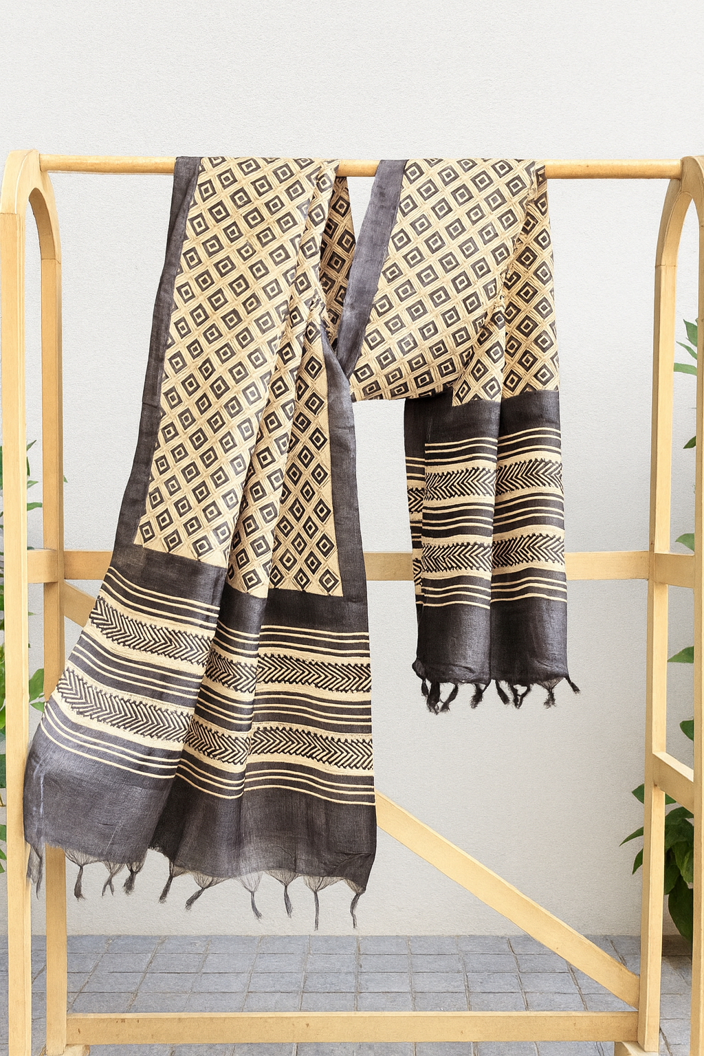 Black and White Hand Block Printed Tassar Dupatta