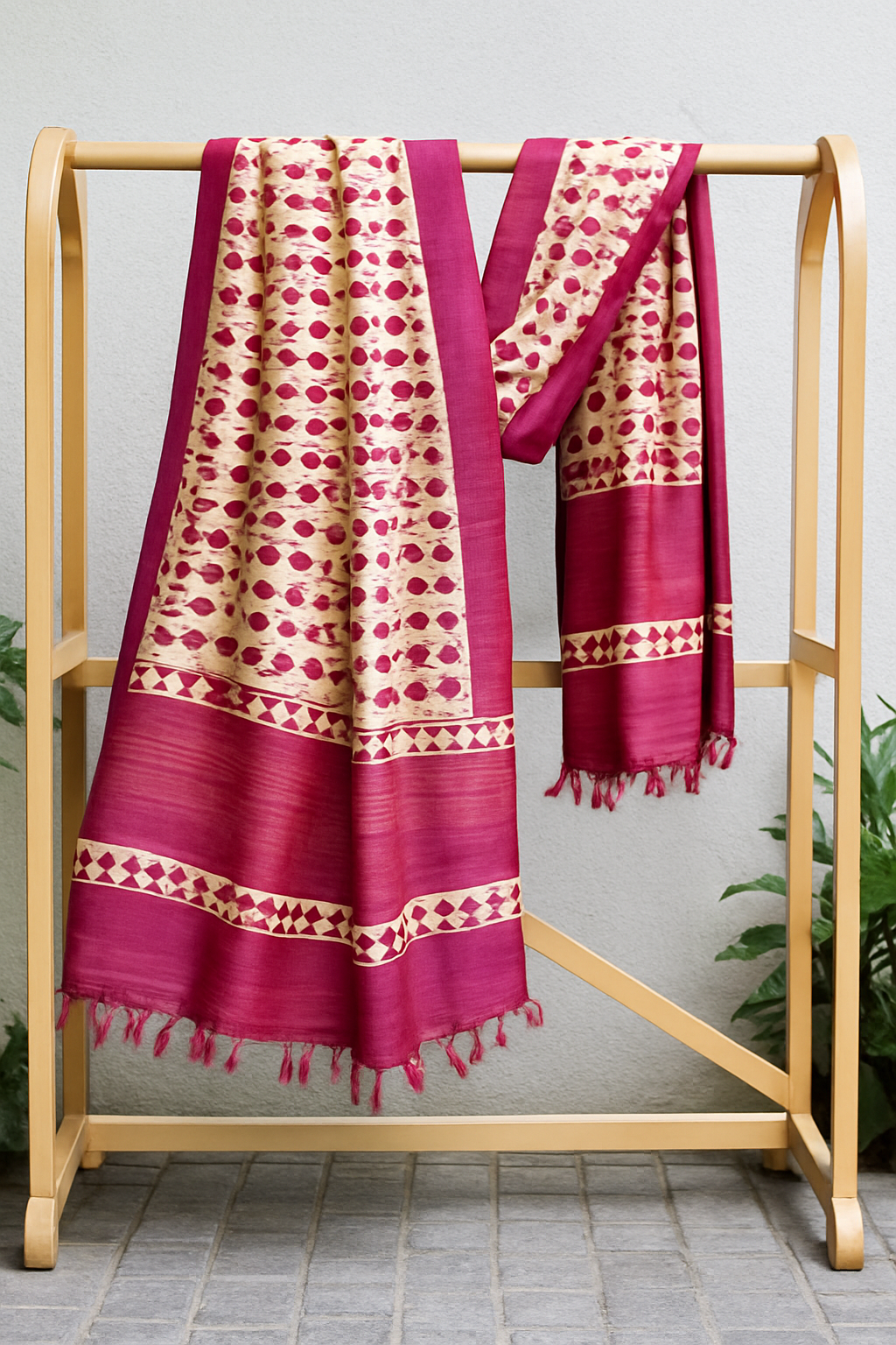 Pink-Purple Tassar Dupatta with Hand Block Printing