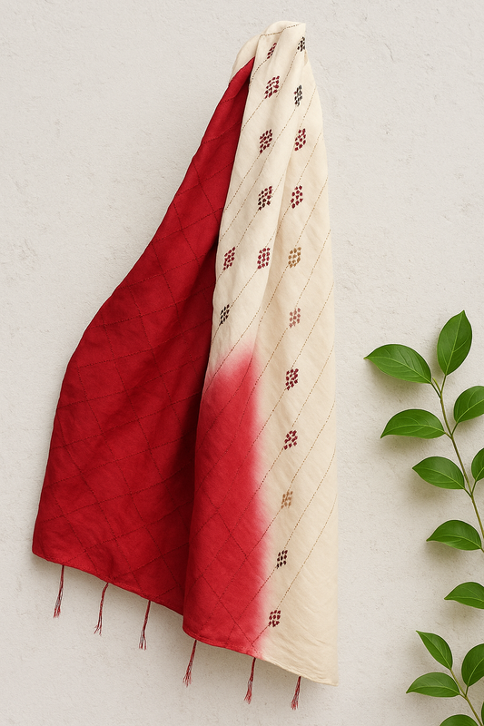 Red & White Tassar Silk Stole with Kantha Hand Embroidery