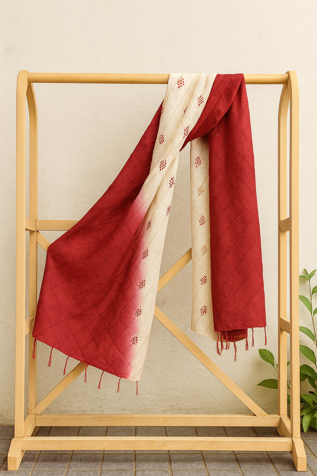 Red & White Tassar Silk Stole with Kantha Hand Embroidery