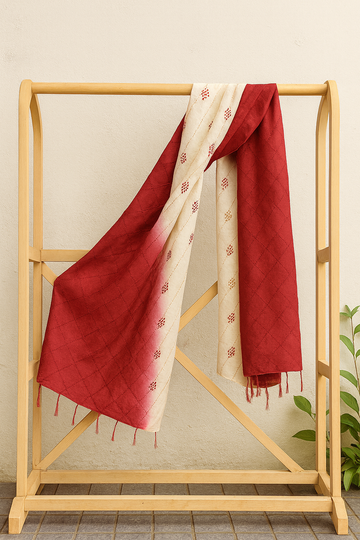 Red & White Tassar Silk Stole with Kantha Hand Embroidery