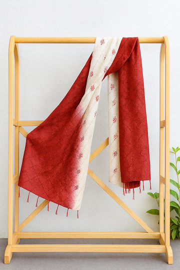Red & White Tassar Silk Stole with Kantha Hand Embroidery