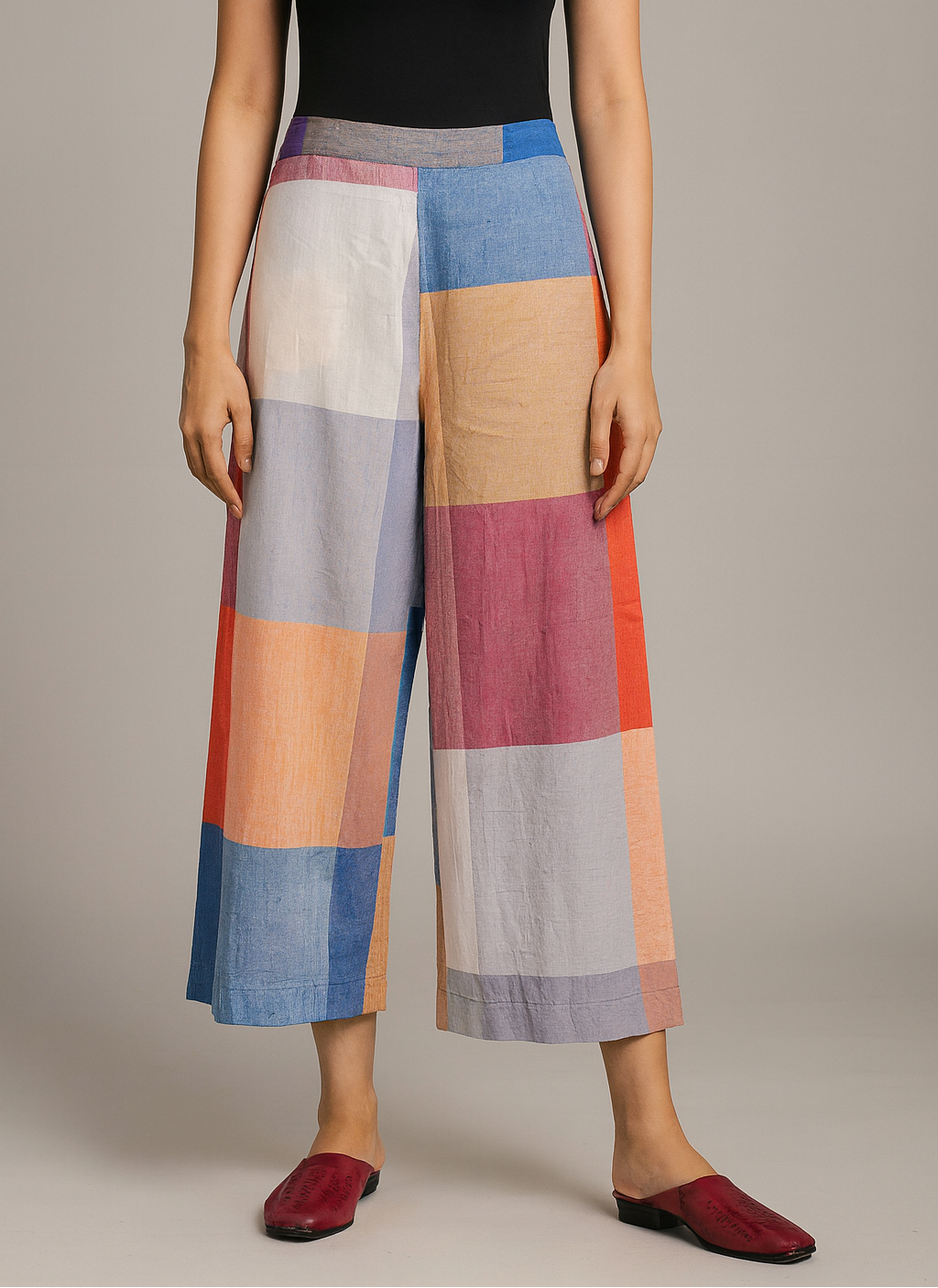 Red-White-Grey Checks Handwoven Cotton Flared Pants