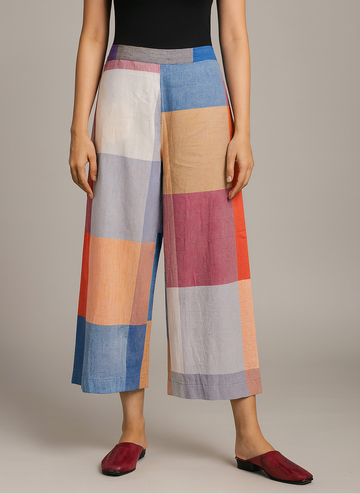 Red-White-Grey Checks Handwoven Cotton Flared Pants