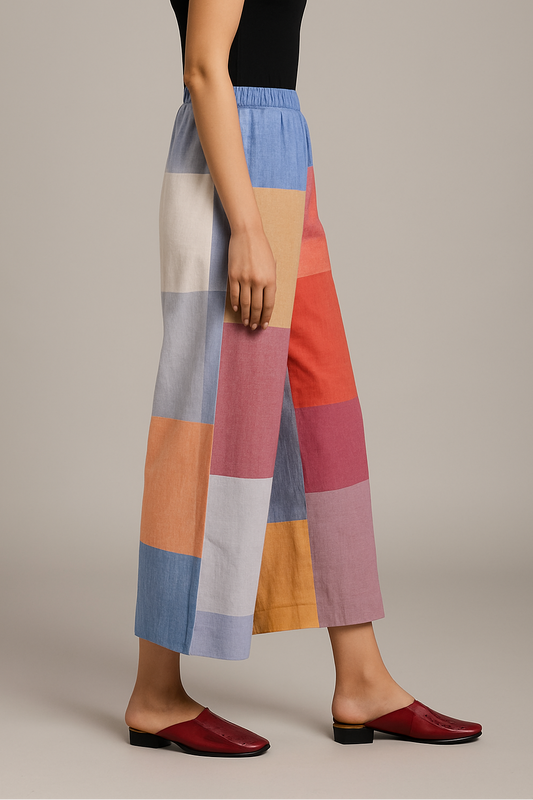 Red-White-Grey Checks Handwoven Cotton Flared Pants