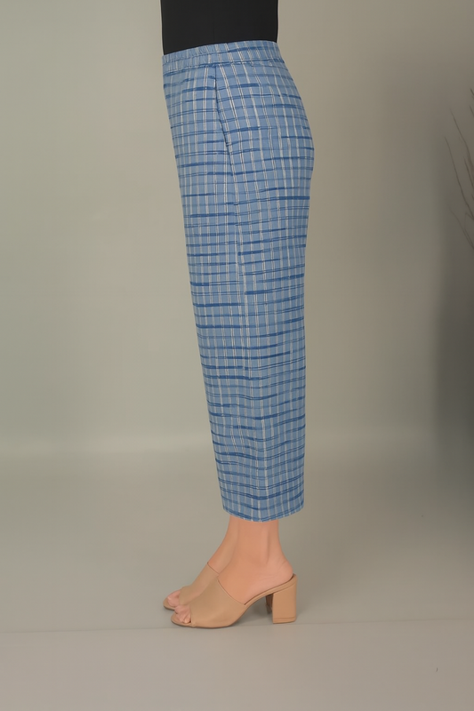Blue Checks Handwoven Cotton Flared Pants