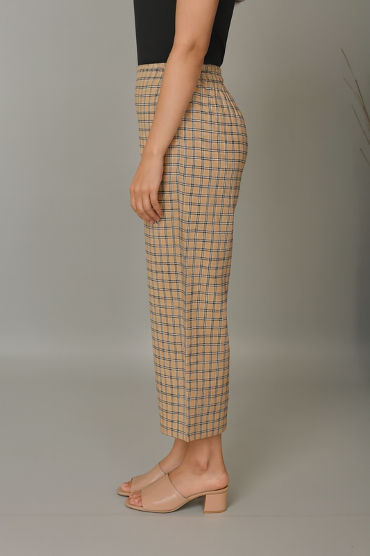 Beige Checks Handwoven Cotton Flared Pants