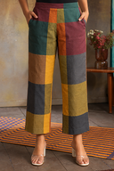 Mustard Multicolour Checks Handloom Cotton Flared Pants