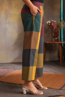 Mustard Multicolour Checks Handloom Cotton Flared Pants