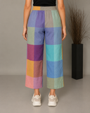 Purple-Blue Pastel Checks Handloom Cotton Flared Pants