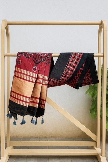 Red Ajrakh Hand Block Printed Chanderi Silk Stole