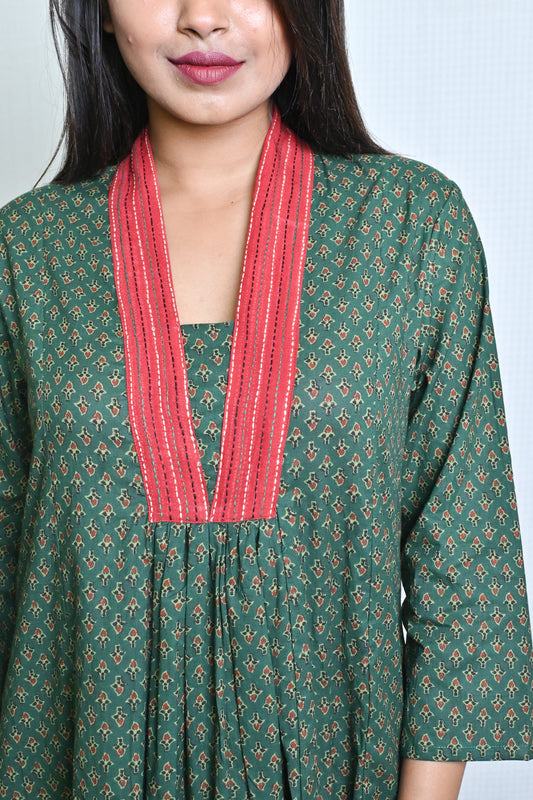 Green Printed A Line Kurta With Kantha Yoke