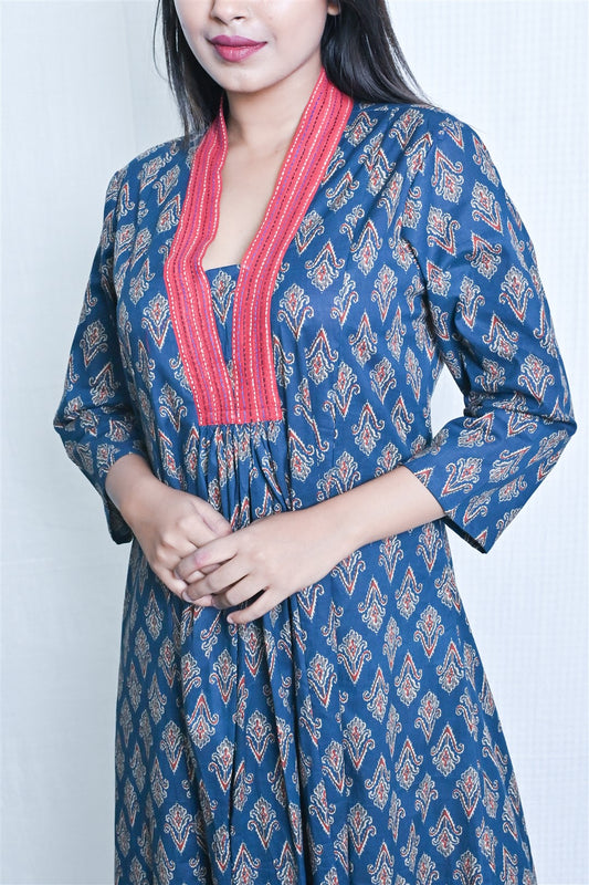 Blue Printed A Line Kurta With Kantha Yoke