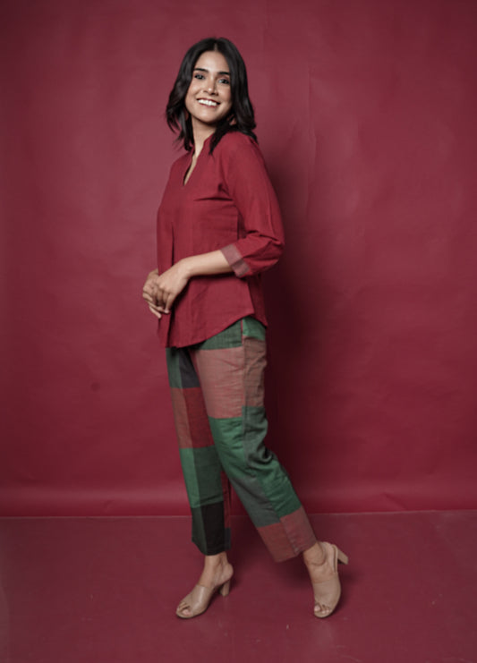 Red Handwoven Co-ord Set With Kantha Hand Embroidery Detailing