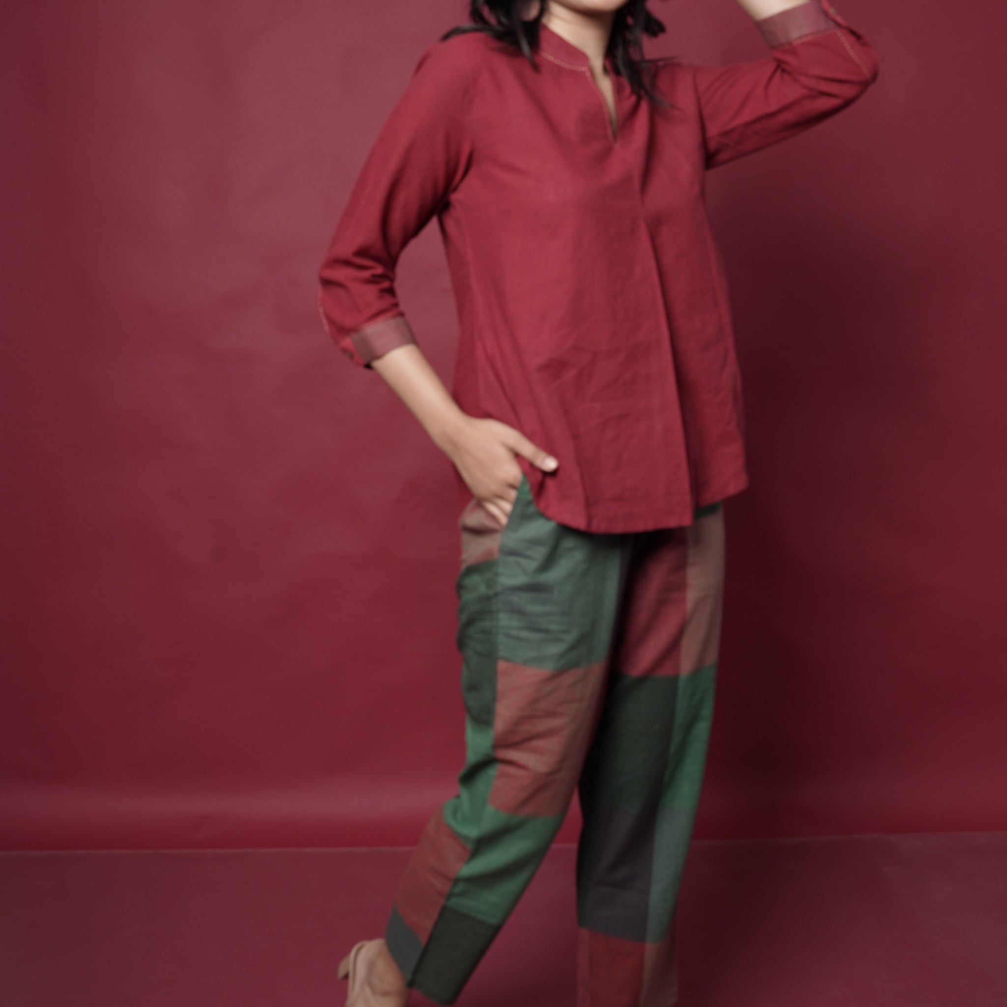 Red Handwoven Co-ord Set With Kantha Hand Embroidery Detailing