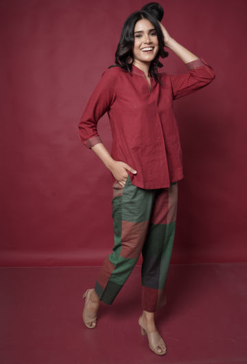 Red Handwoven Co-ord Set With Kantha Hand Embroidery Detailing