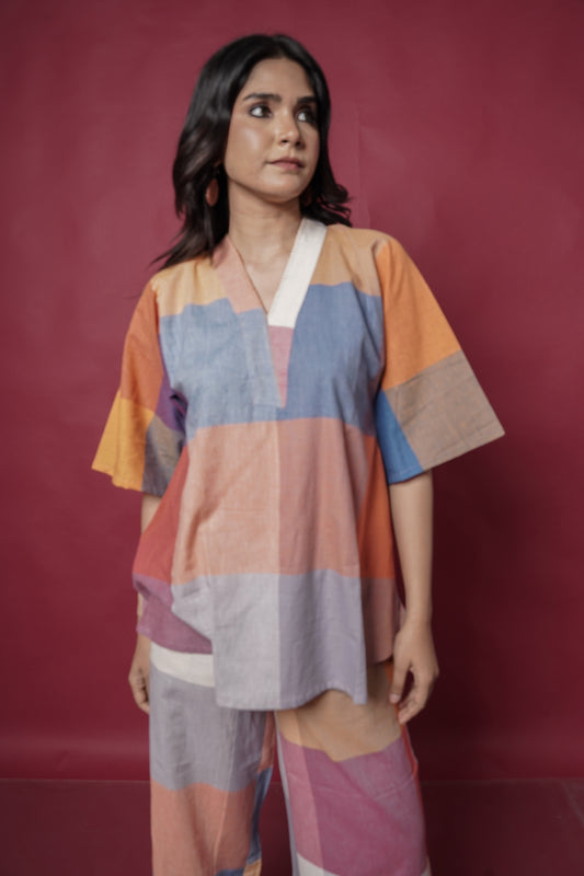 Red-White Handwoven Antifit Co-ord Set With Kantha Hand Embroidery Detailing