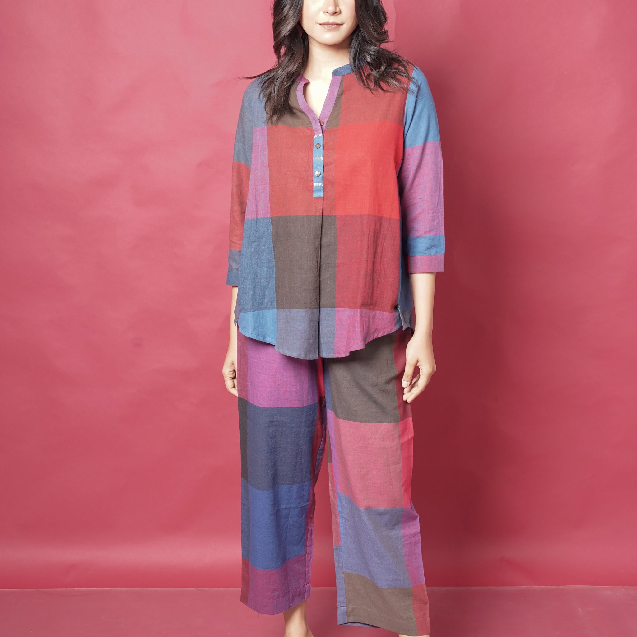 Red-Blue Checks Handwoven Co-ord set with buttons detailing & Pants (set of 2)