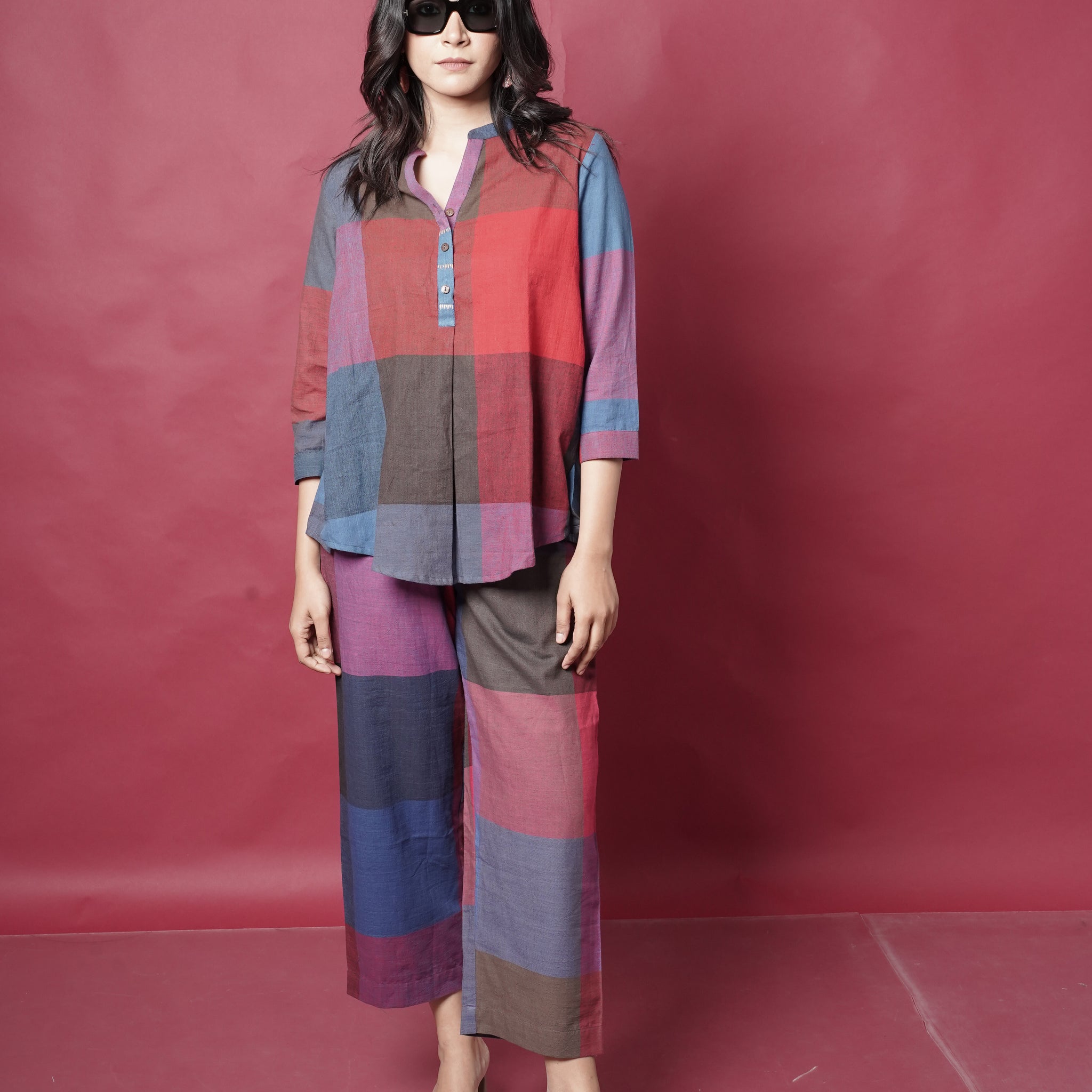 Red-Blue Checks Handwoven Co-ord set with buttons detailing & Pants (set of 2)