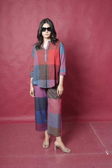 Red-Blue Checks Handwoven Co-ord set with buttons detailing & Pants (set of 2)