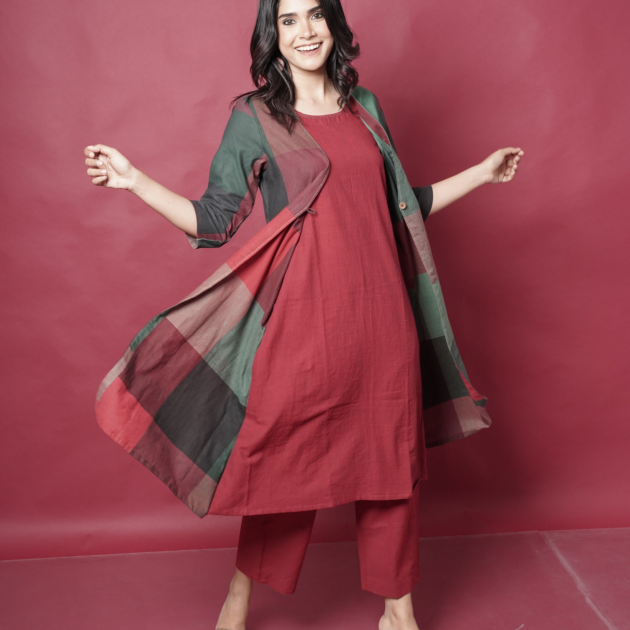 Red-Green Checks Handwoven Layered Jacket Dress with Red Flare Pants Co-ord Set (set of 2)