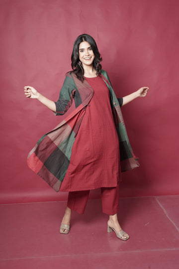 Red-Green Checks Handwoven Layered Jacket Dress with Red Flare Pants Co-ord Set (set of 2)