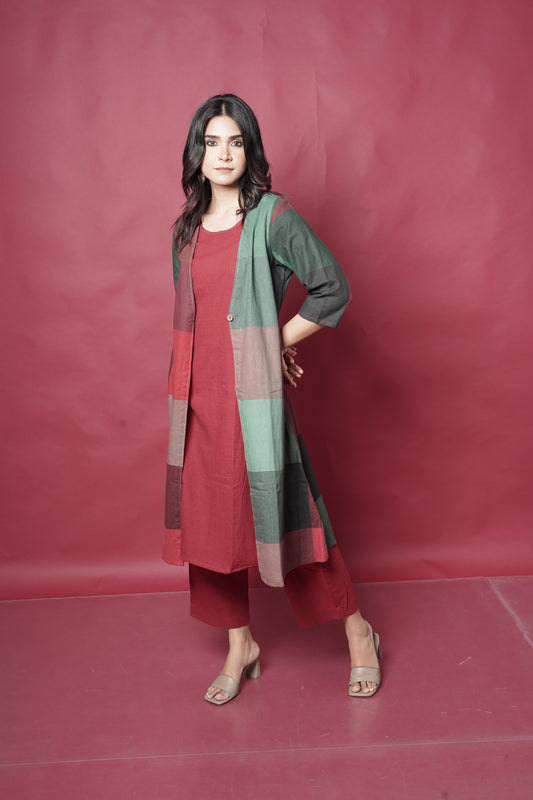 Red-Green Checks Handwoven Layered Jacket Dress with Red Flare Pants Co-ord Set (set of 2)