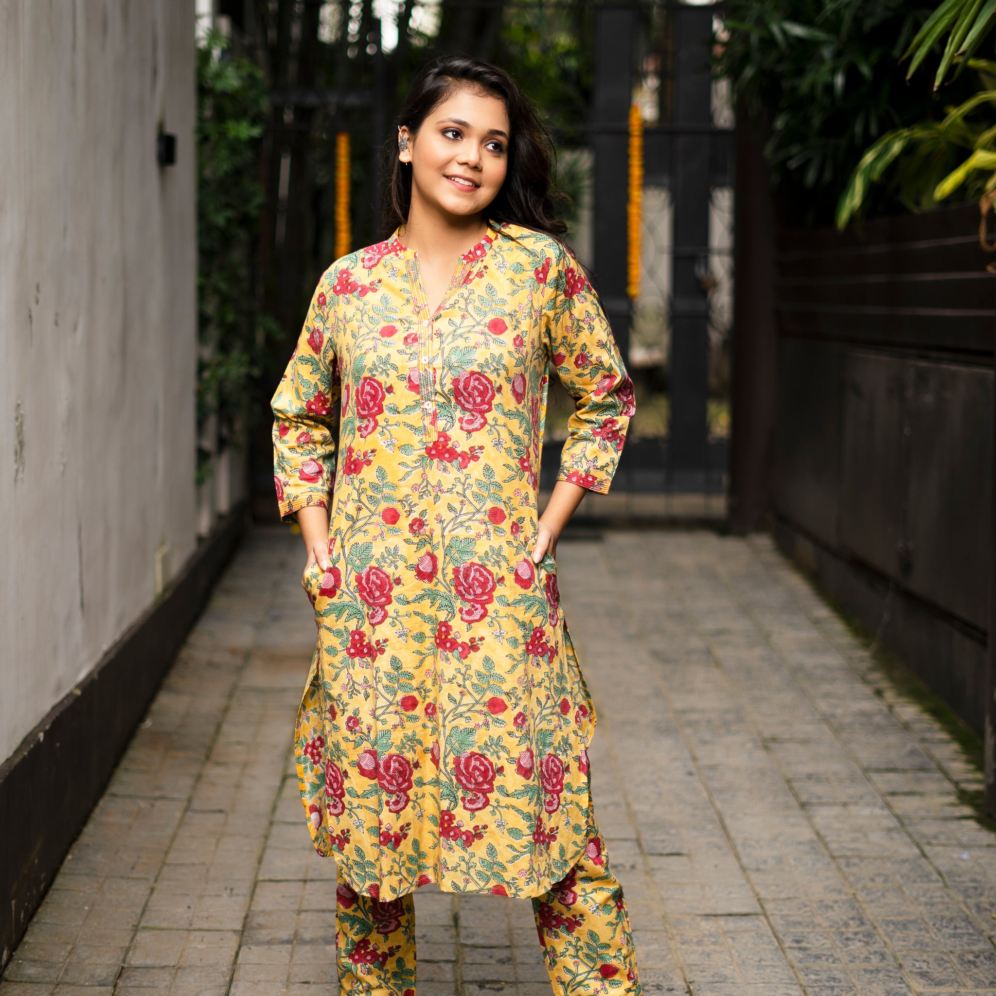 Yellow Hand Block-Printed Cotton Rounded Hem Coordinated Set