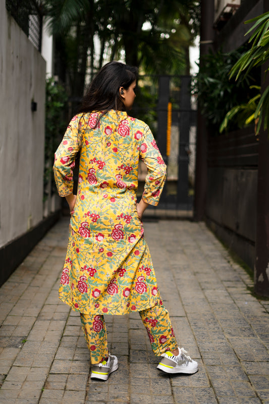 Yellow Hand Block-Printed Cotton Rounded Hem Coordinated Set