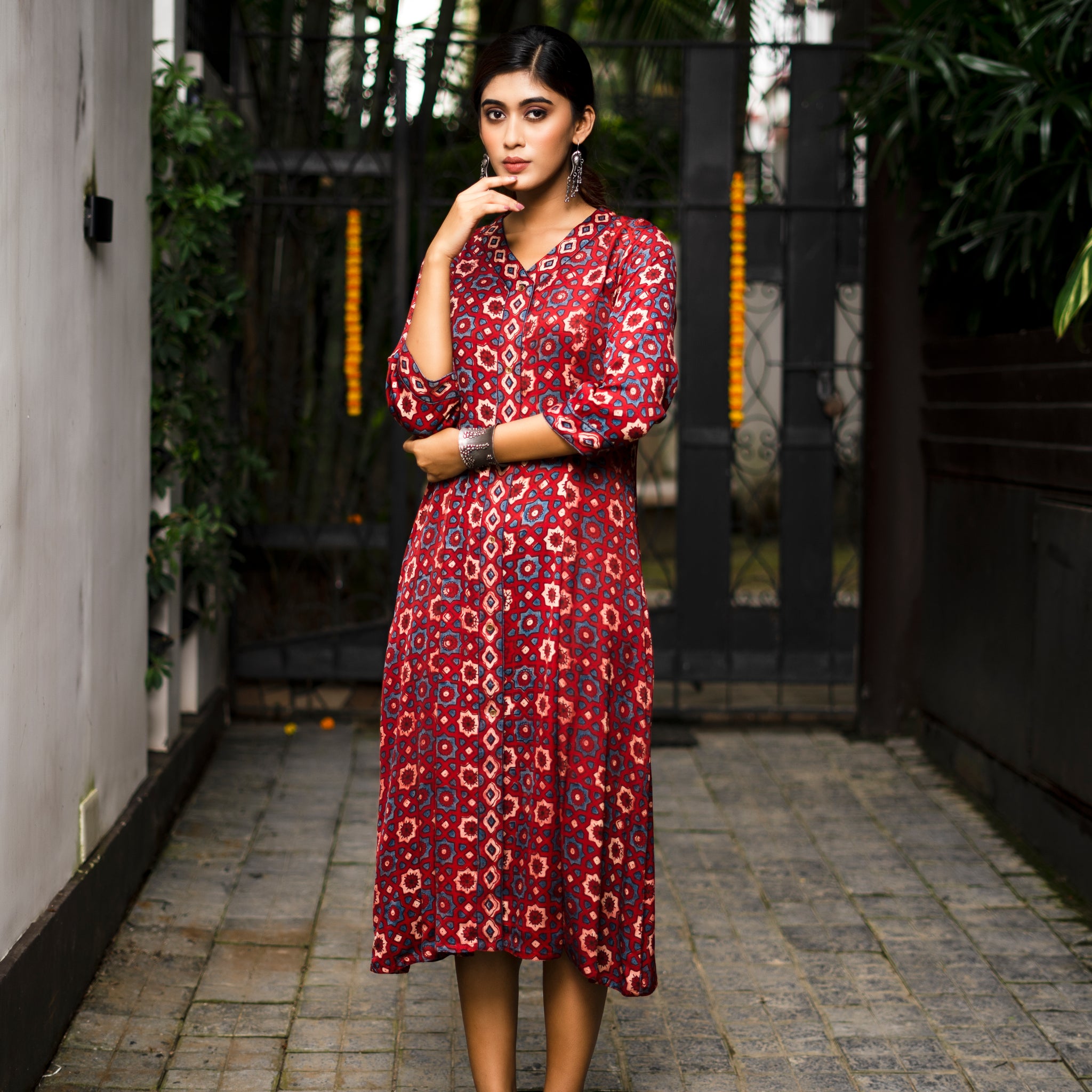 Red Ajrakh Block-Printed Modal Silk Long Dress