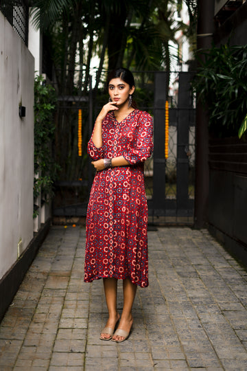 Red Ajrakh Block-Printed Modal Silk Long Dress