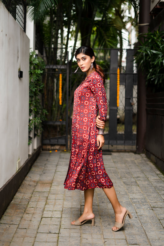 Red Ajrakh Block-Printed Modal Silk Long Dress