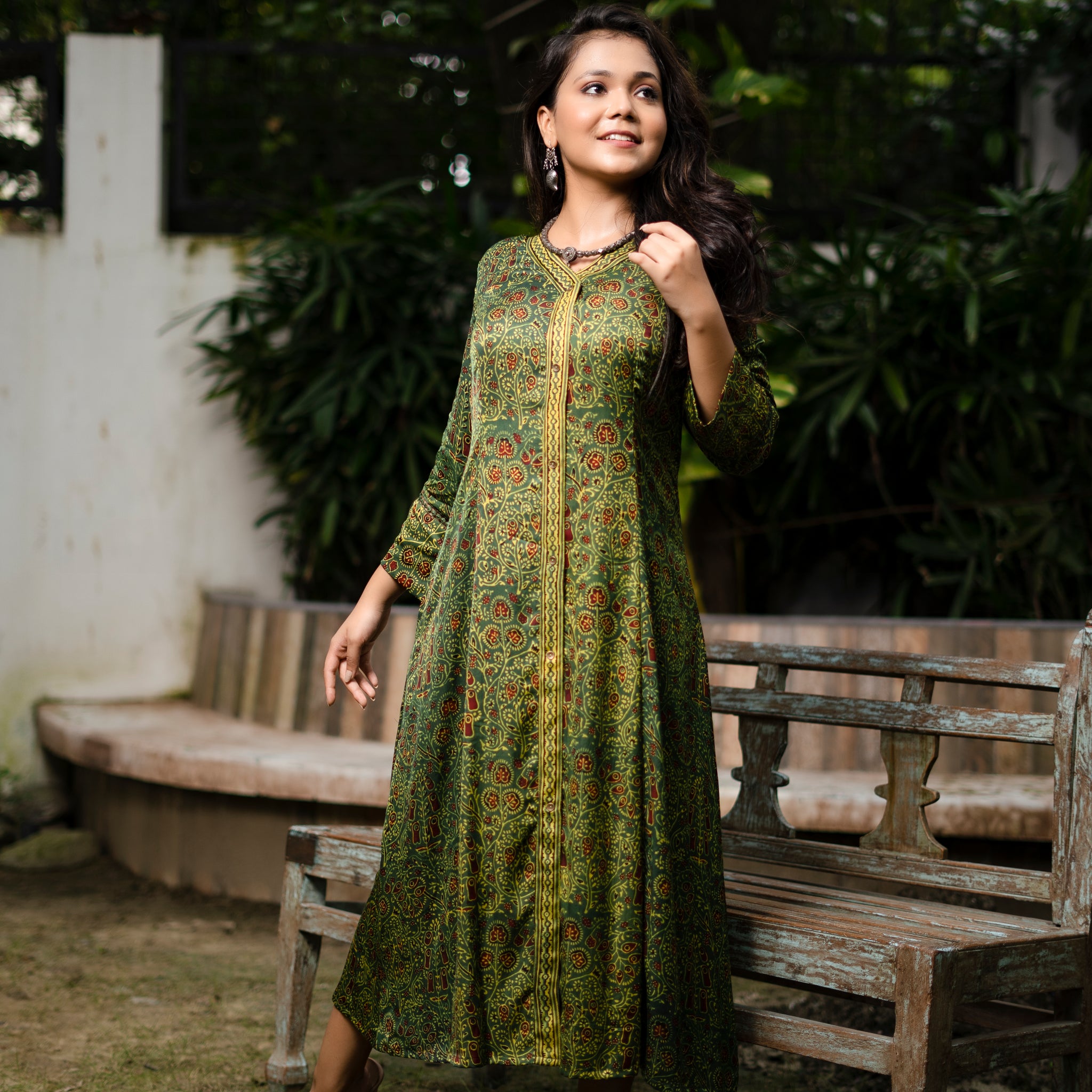 Green Ajrakh Block-Printed Modal Silk Long Dress