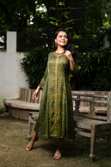 Green Ajrakh Block-Printed Modal Silk Long Dress