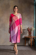 Pink-White Checks Handloom Cotton Bias Dress