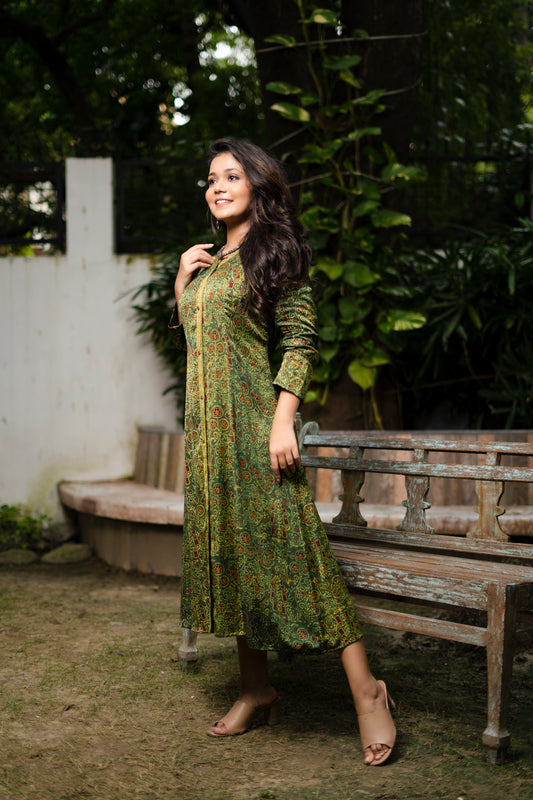 Green Ajrakh Block-Printed Modal Silk Long Dress