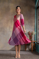 Pink-White Checks Handloom Cotton Bias Dress
