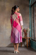 Pink-White Checks Handloom Cotton Bias Dress