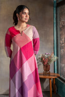 Pink-White Checks Handloom Cotton Bias Dress