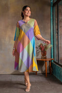 Purple-Blue Pastel Checks Handloom Cotton Bias Dress