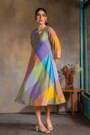 Purple-Blue Pastel Checks Handloom Cotton Bias Dress