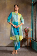 Lime Checks Handloom Cotton Rounded Hem Kurta Set with Flared Pants (set of 2)